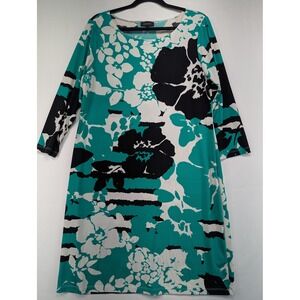 Spense Womens Plus Size 14 3/4 Sleeve Floral Print Midi Dress Teal Black White